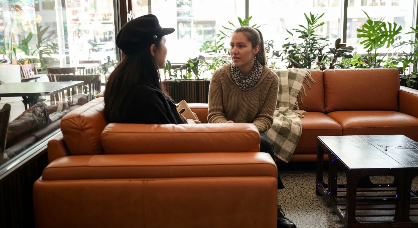 Two women sitting at cafe talking. 