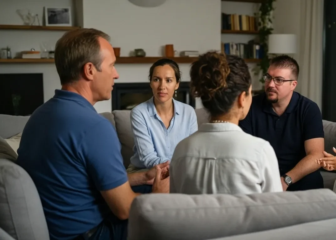 Man talking with friend. H has a hand on his chest. 
